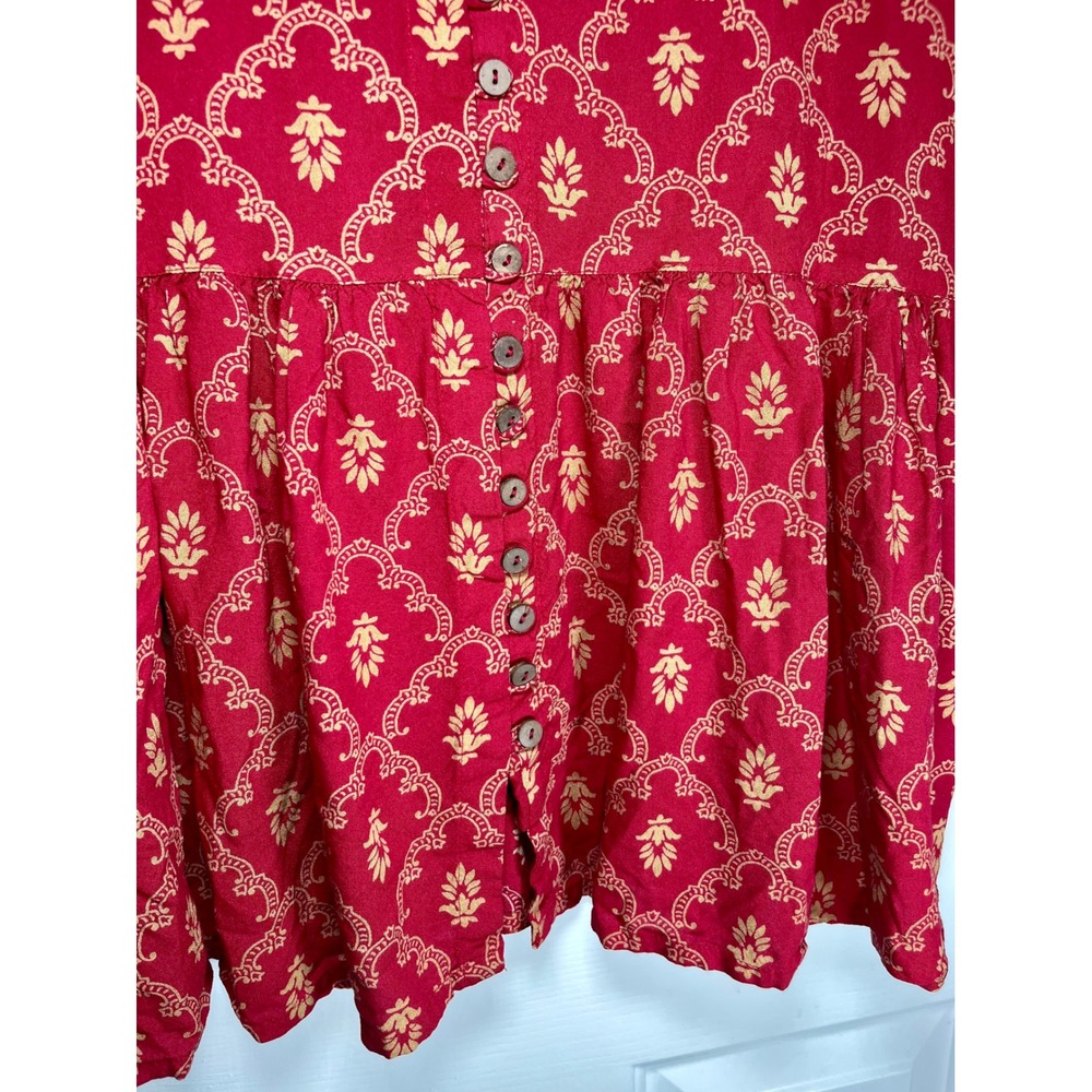 Shae by Sassafras Large Boho Peplum Blouse Red Gold Block Print Rayon Button Top - Picture 10 of 10